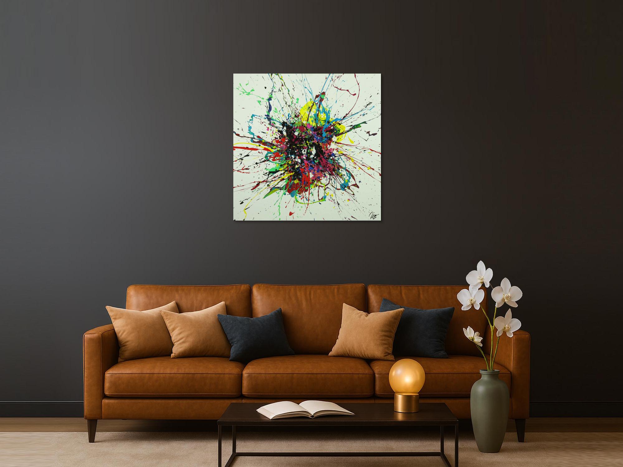 Abstraktes Gemälde sehr bunt Action Painting Leinwand quadratisch