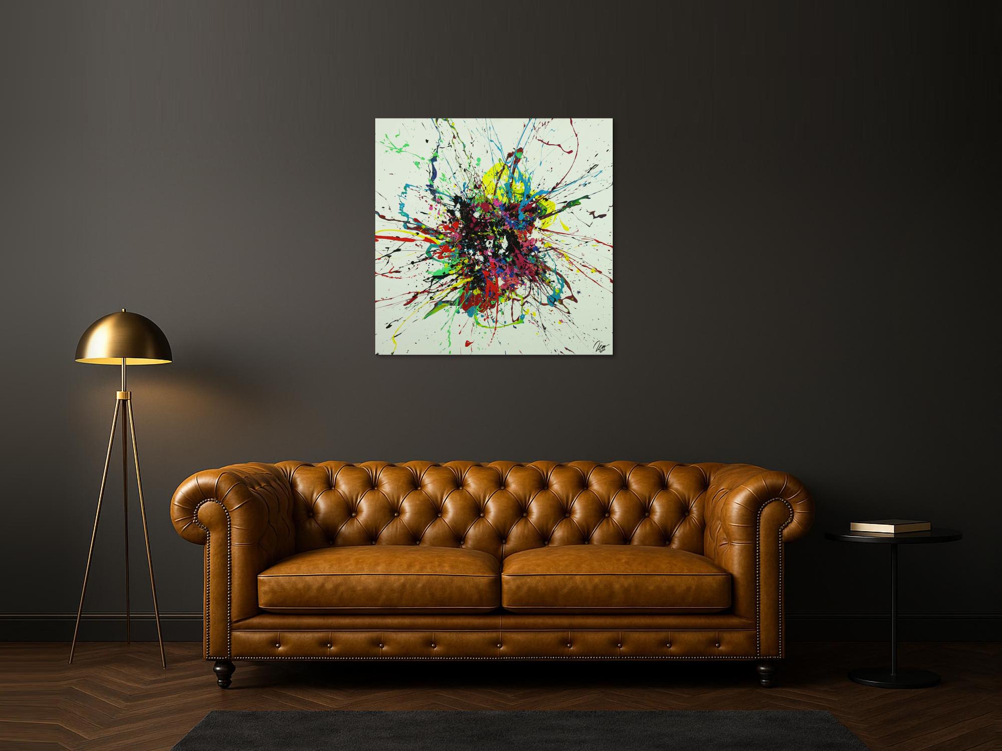 Abstraktes Gemälde sehr bunt Action Painting Leinwand quadratisch