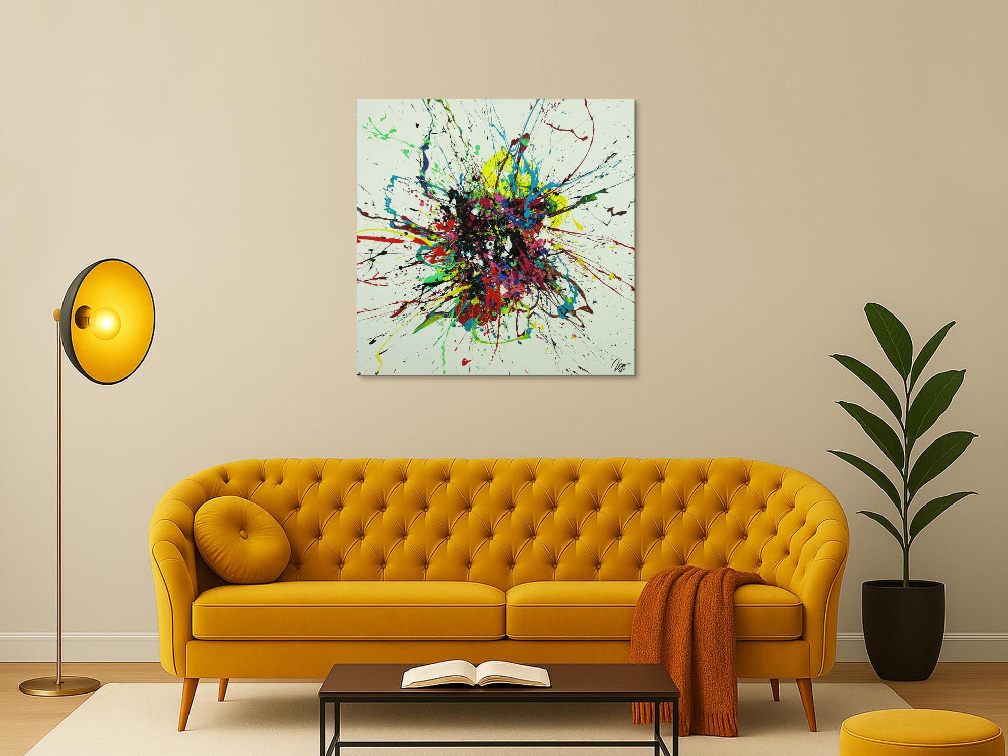 Abstraktes Gemälde sehr bunt Action Painting Leinwand quadratisch