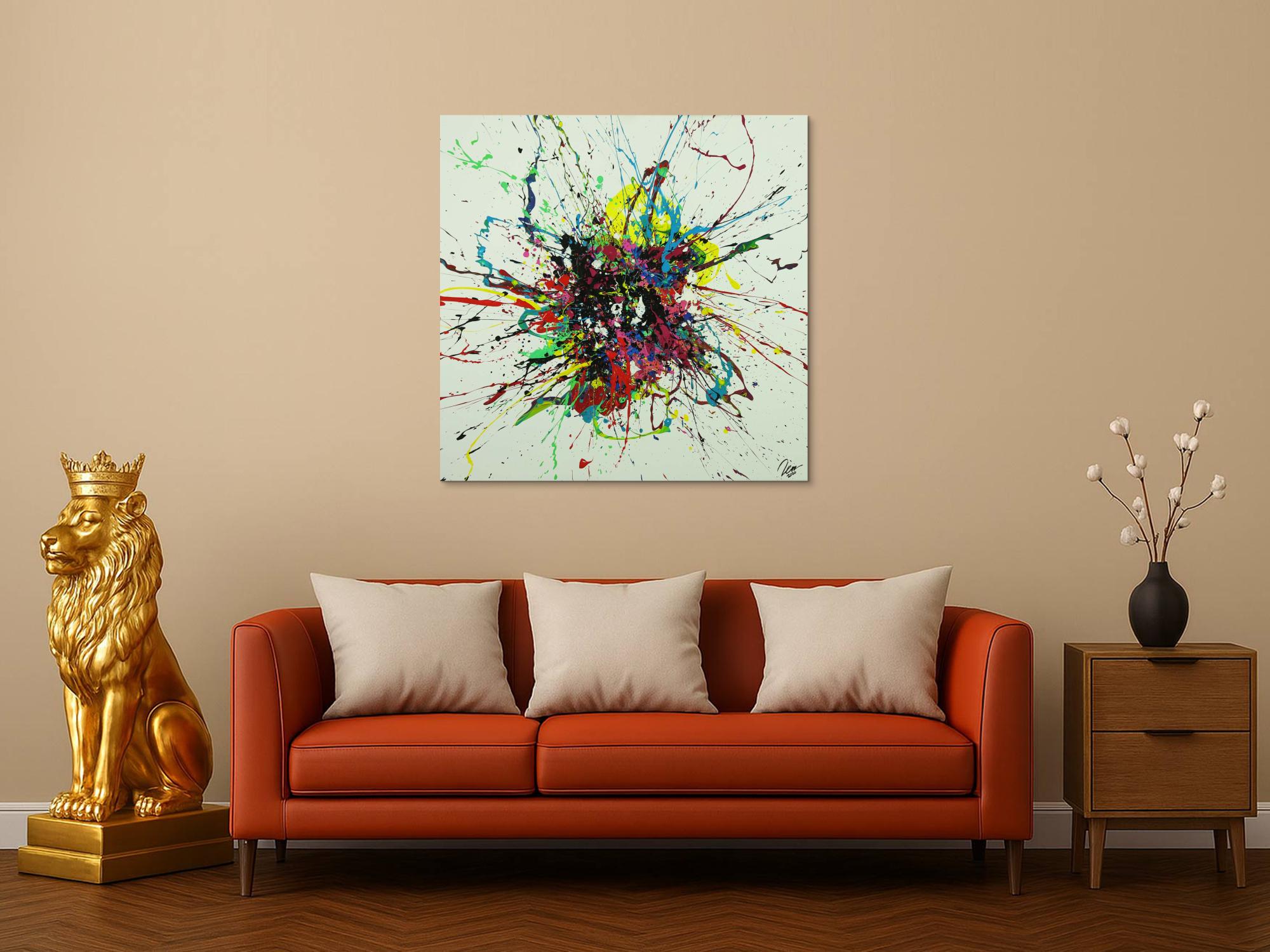 Abstraktes Gemälde sehr bunt Action Painting Leinwand quadratisch