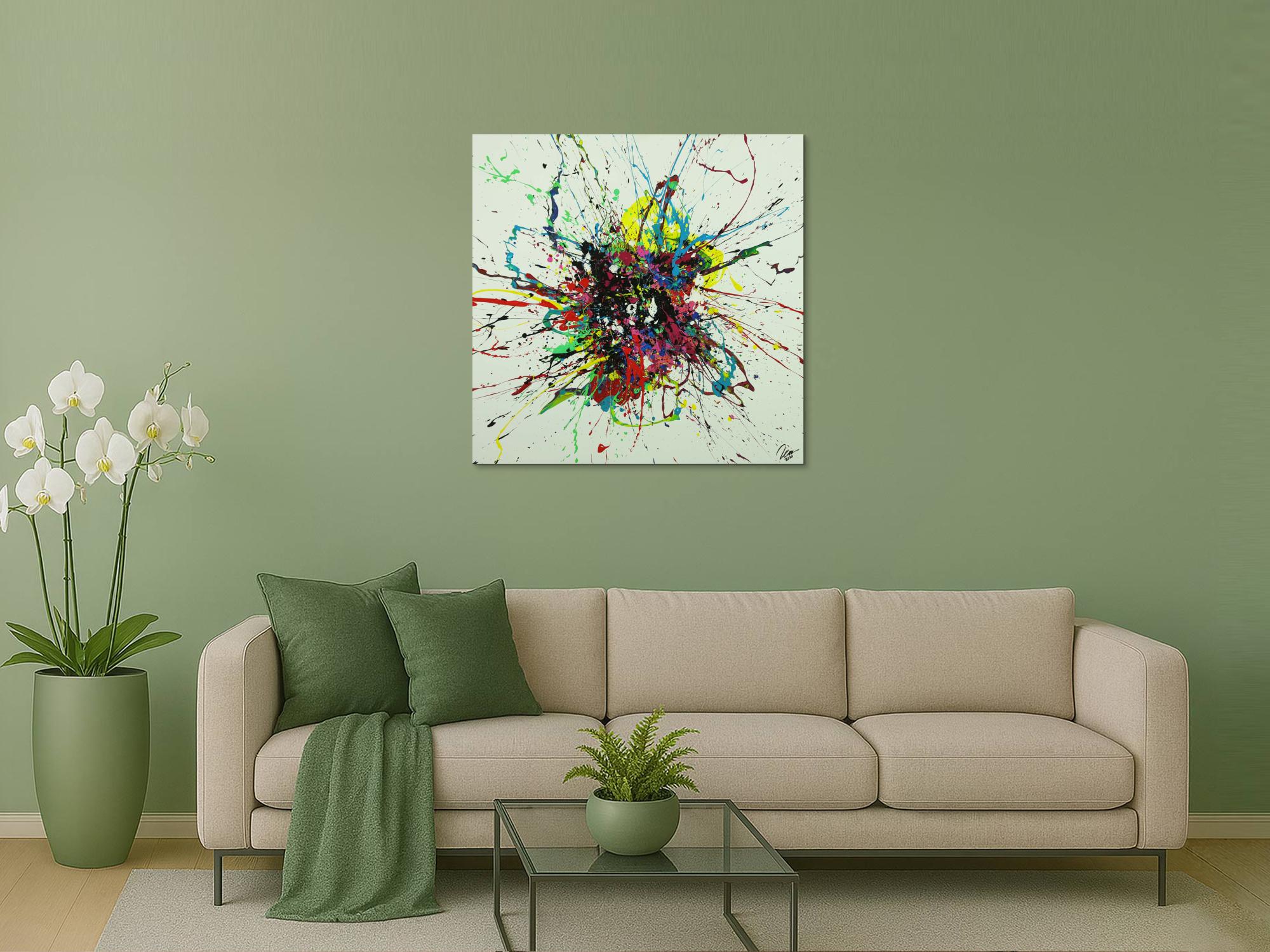 Abstraktes Gemälde sehr bunt Action Painting Leinwand quadratisch