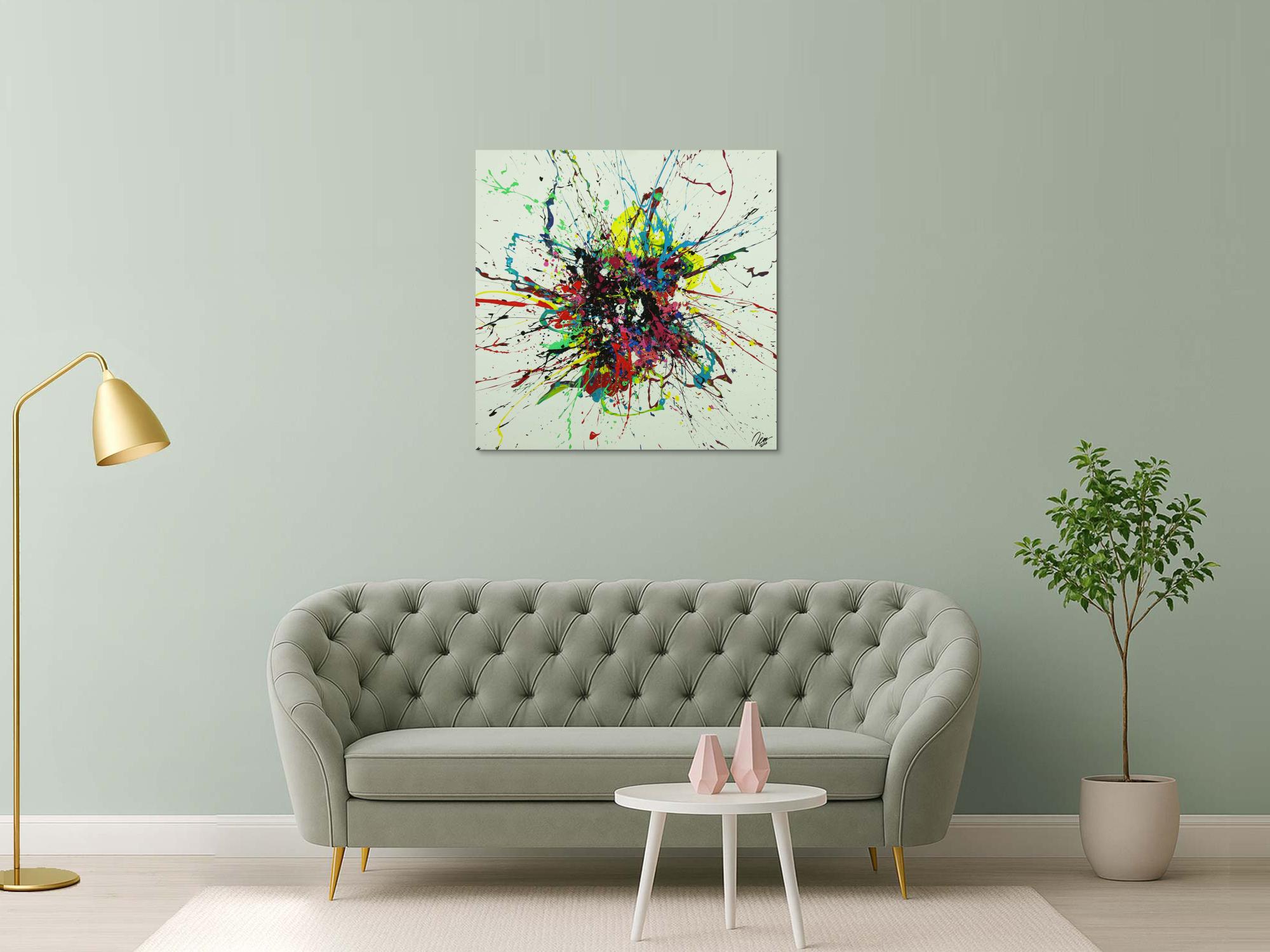 Abstraktes Gemälde sehr bunt Action Painting Leinwand quadratisch