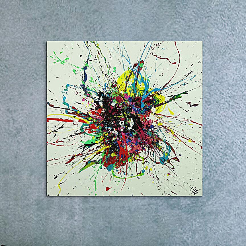 Abstraktes Gemälde sehr bunt Action Painting Leinwand quadratisch
