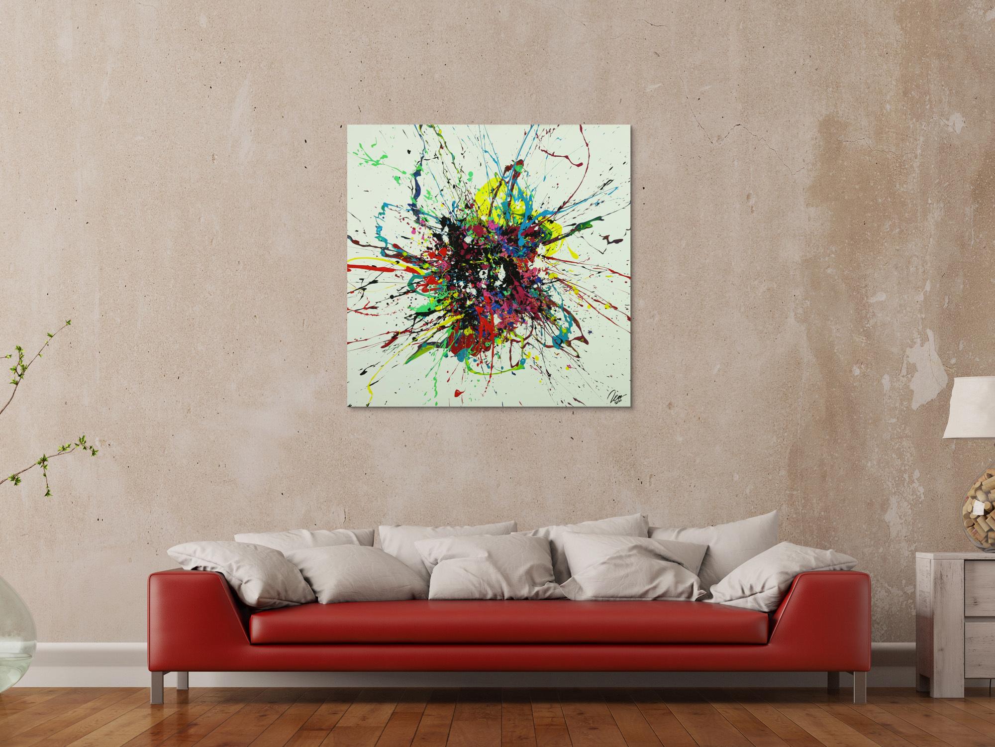 Abstraktes Gemälde sehr bunt Action Painting Leinwand quadratisch