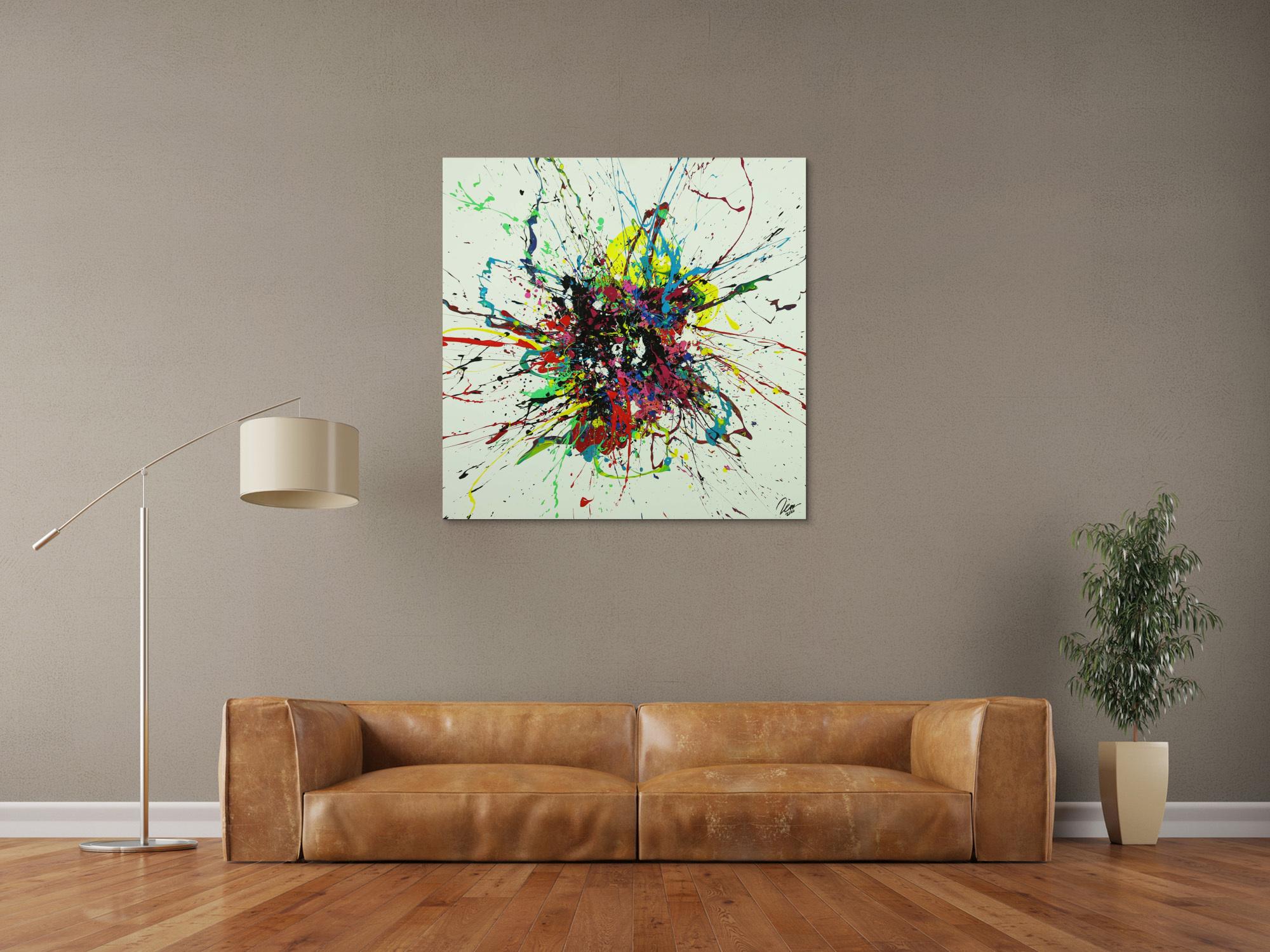 Abstraktes Gemälde sehr bunt Action Painting Leinwand quadratisch