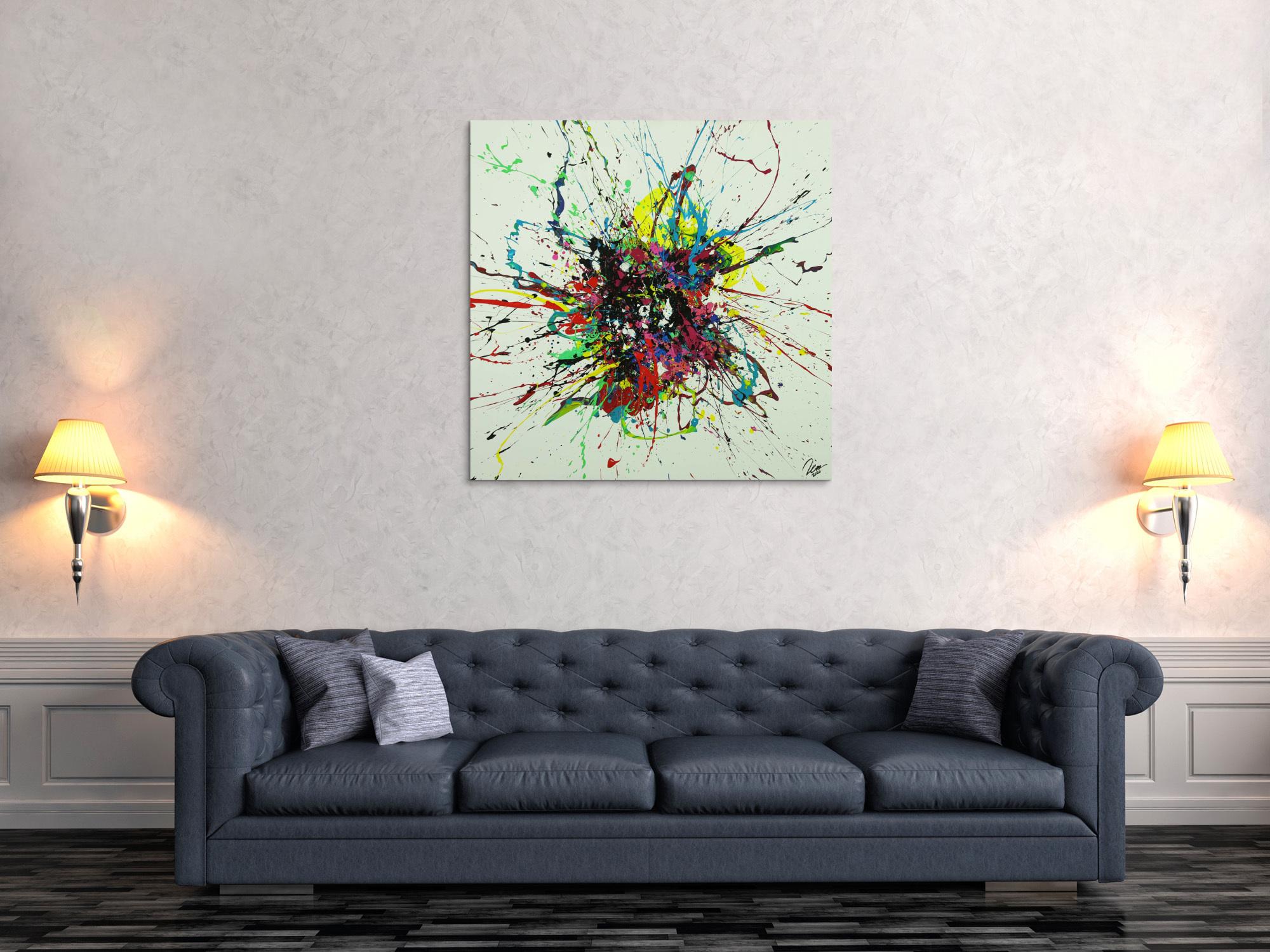 Abstraktes Gemälde sehr bunt Action Painting Leinwand quadratisch