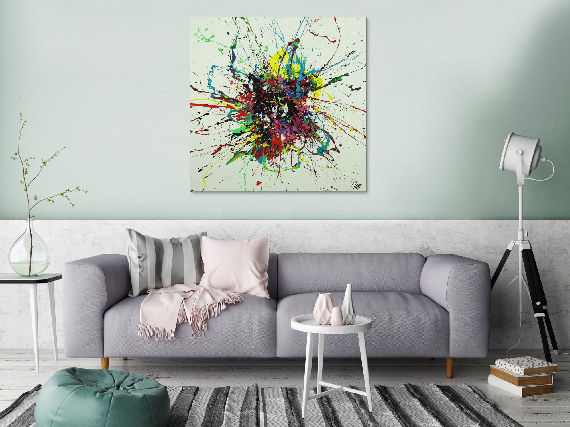 Abstraktes Gemälde sehr bunt Action Painting Leinwand quadratisch