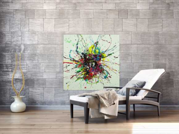 Abstraktes Gemälde sehr bunt Action Painting Leinwand quadratisch