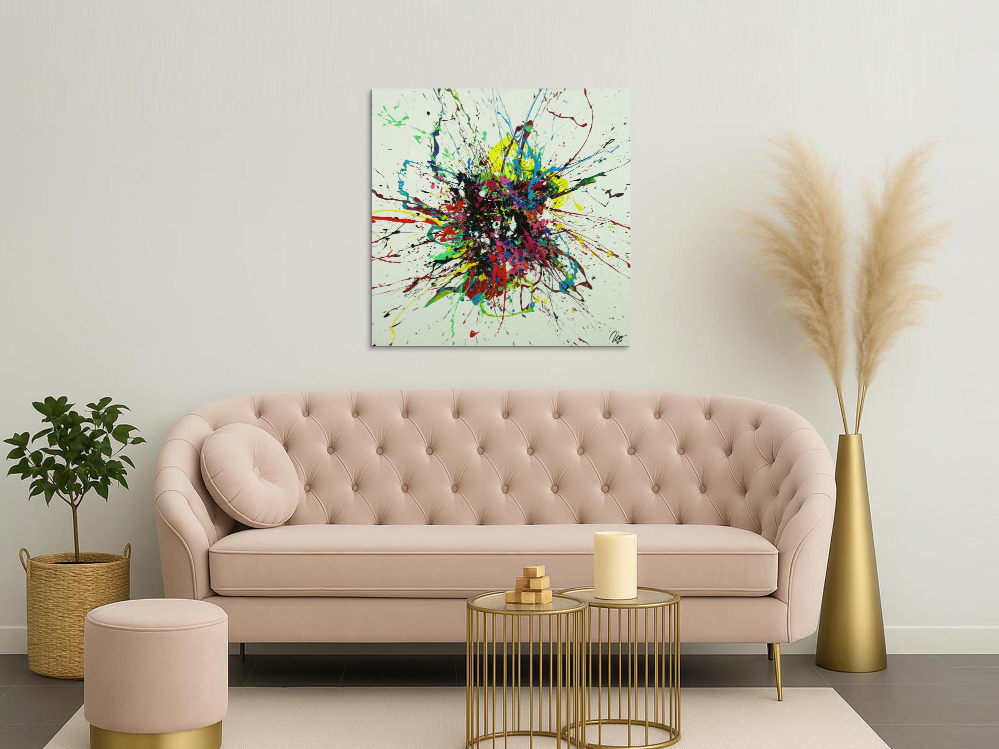 Abstraktes Gemälde sehr bunt Action Painting Leinwand quadratisch