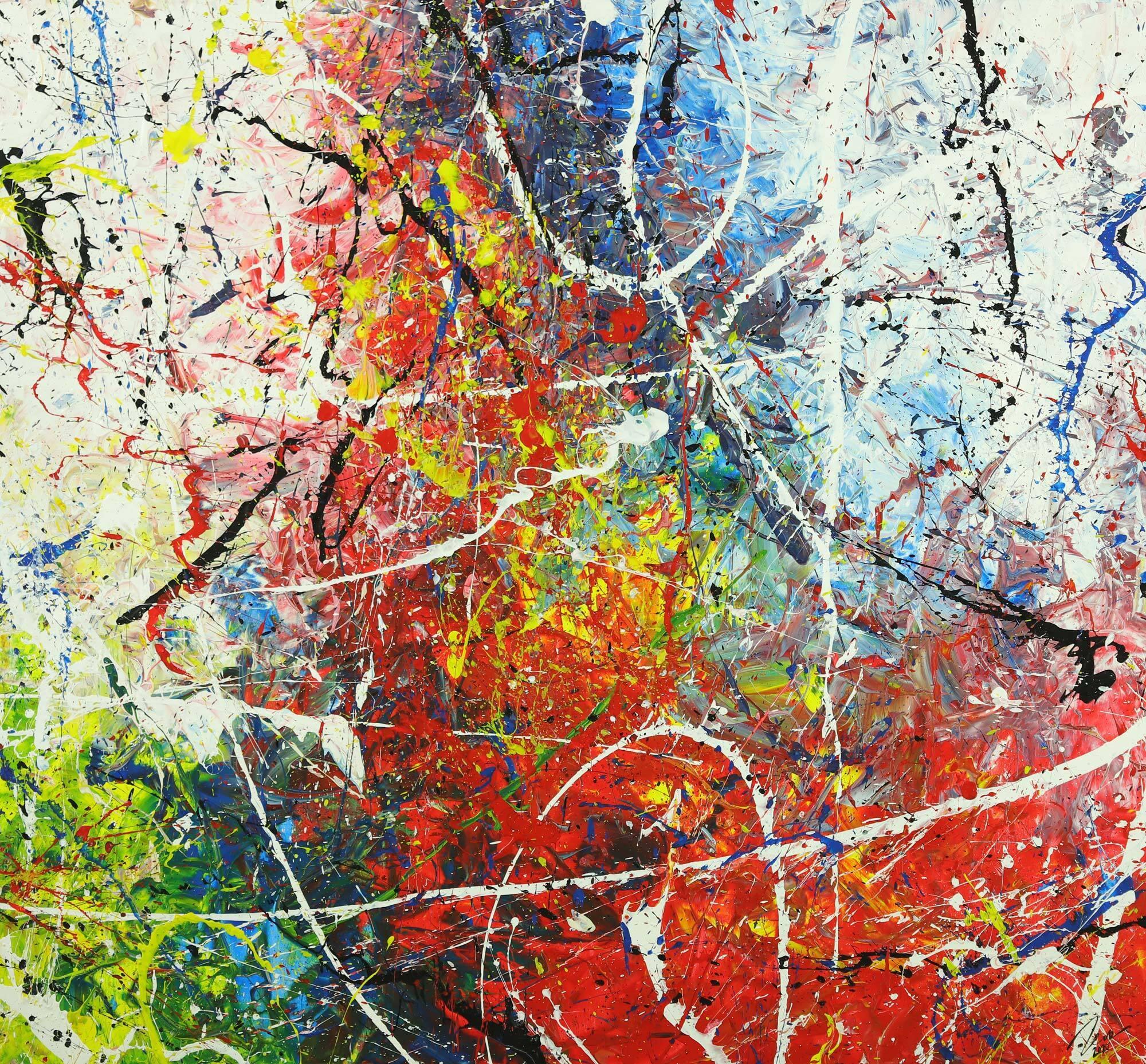 Abstraktes Gemälde auf Leinwand handgemalt Action Painting sehr bunt