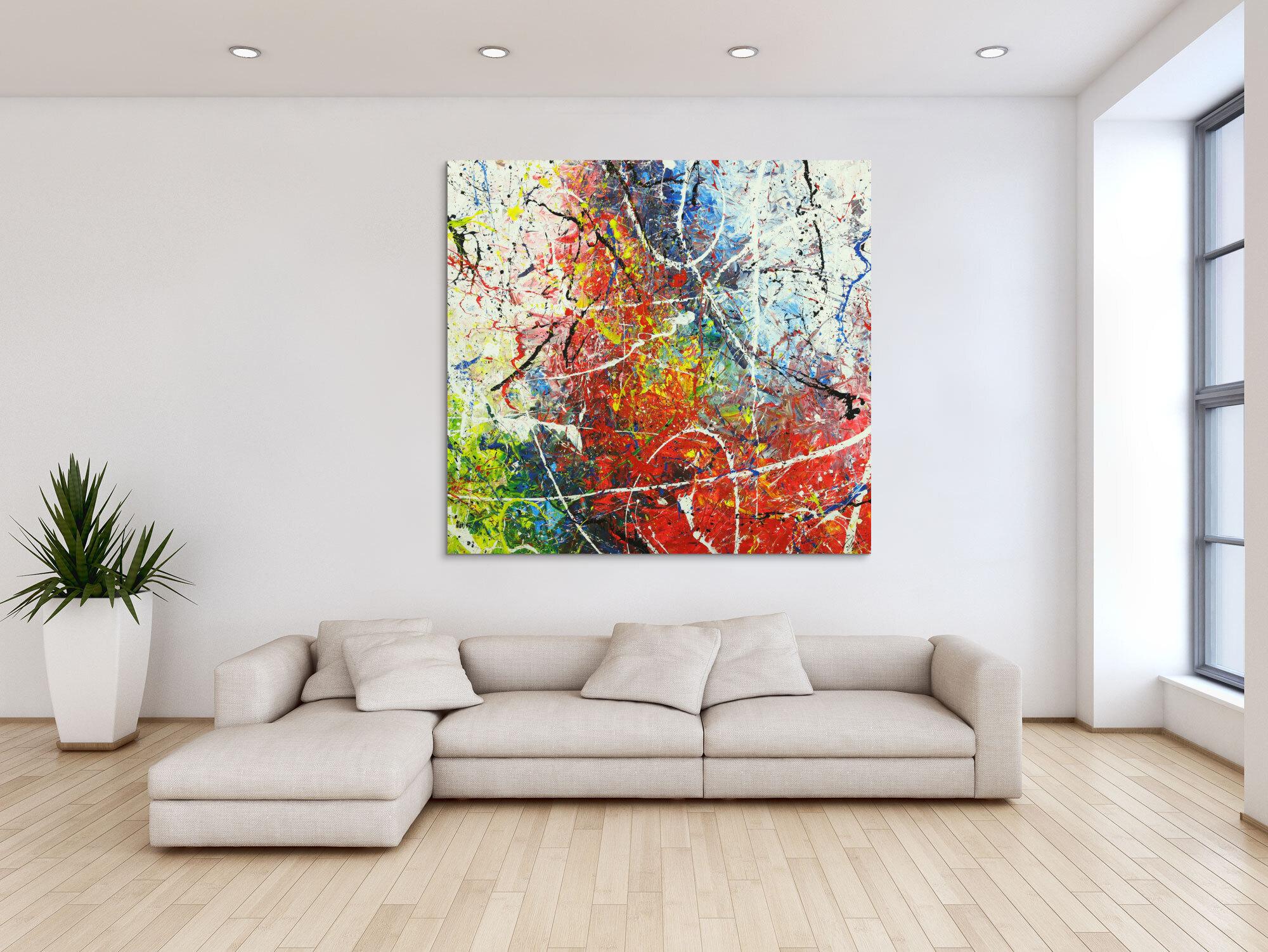 Abstraktes Gemälde auf Leinwand handgemalt Action Painting sehr bunt