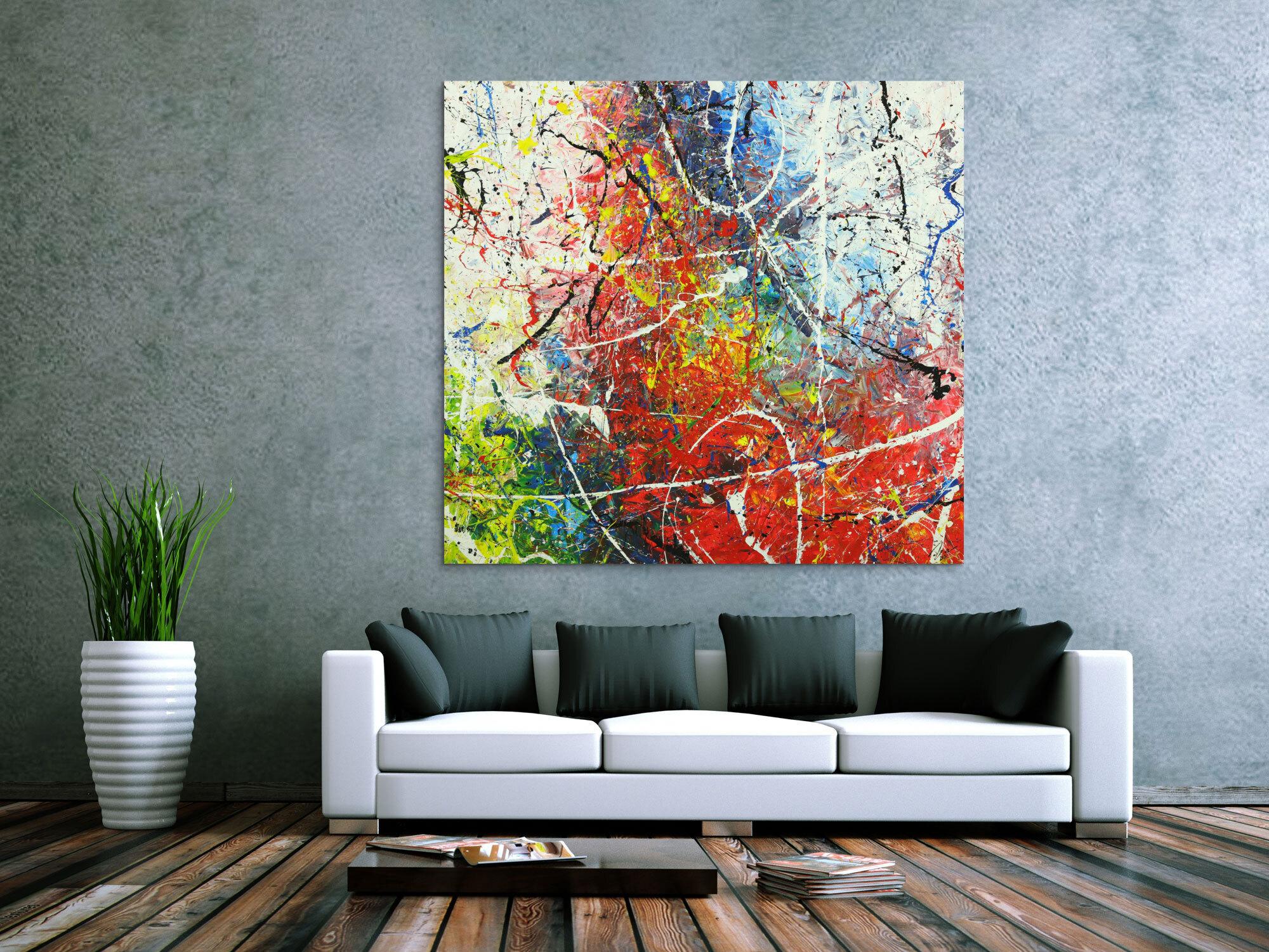 Abstraktes Gemälde auf Leinwand handgemalt Action Painting sehr bunt