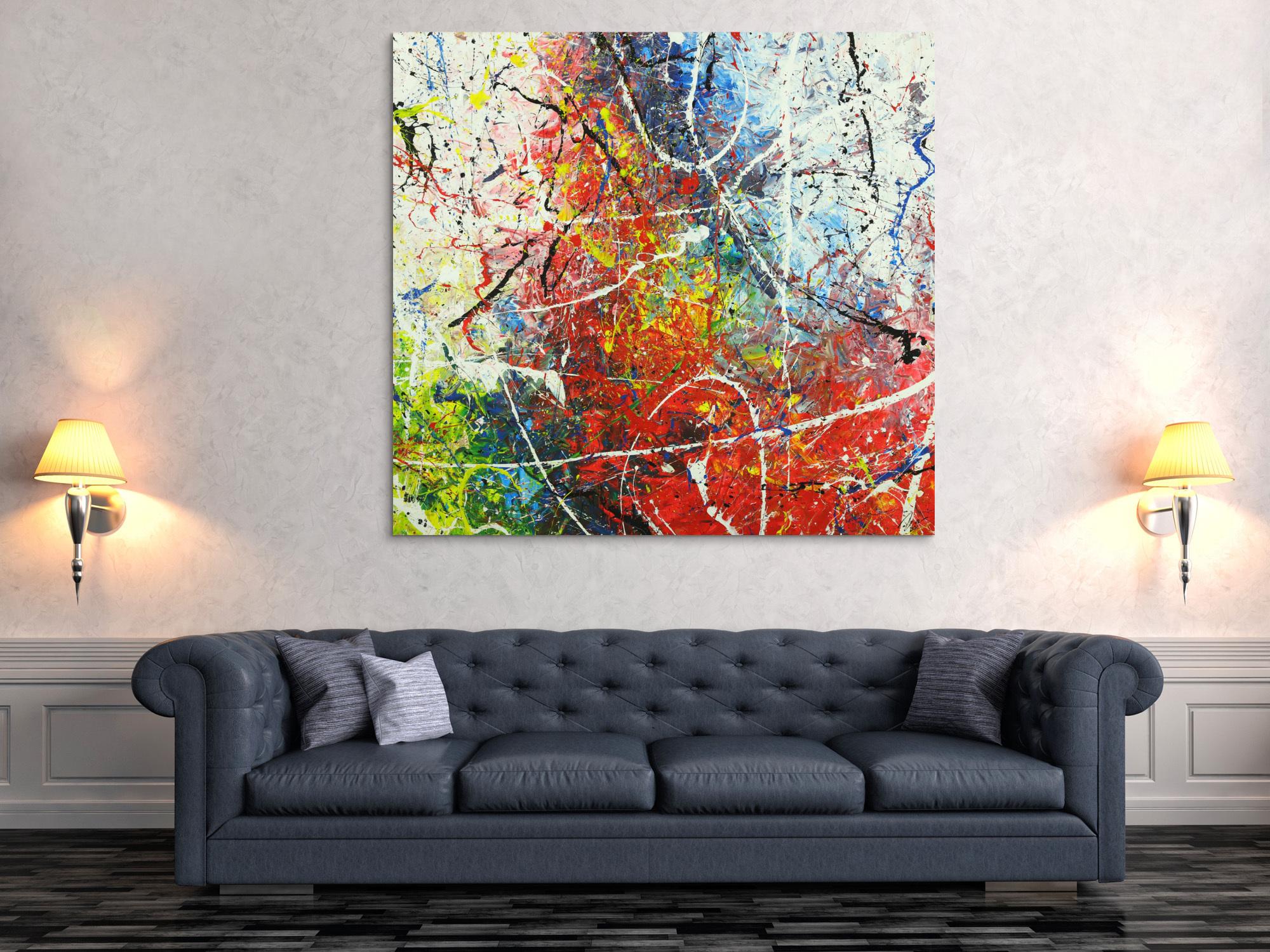 Abstraktes Gemälde auf Leinwand handgemalt Action Painting sehr bunt