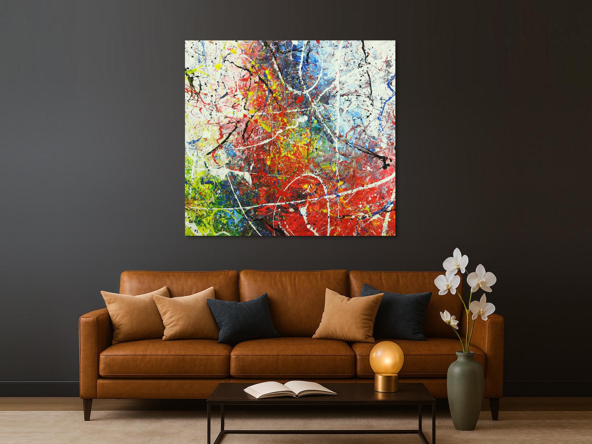 Abstraktes Gemälde auf Leinwand handgemalt Action Painting sehr bunt