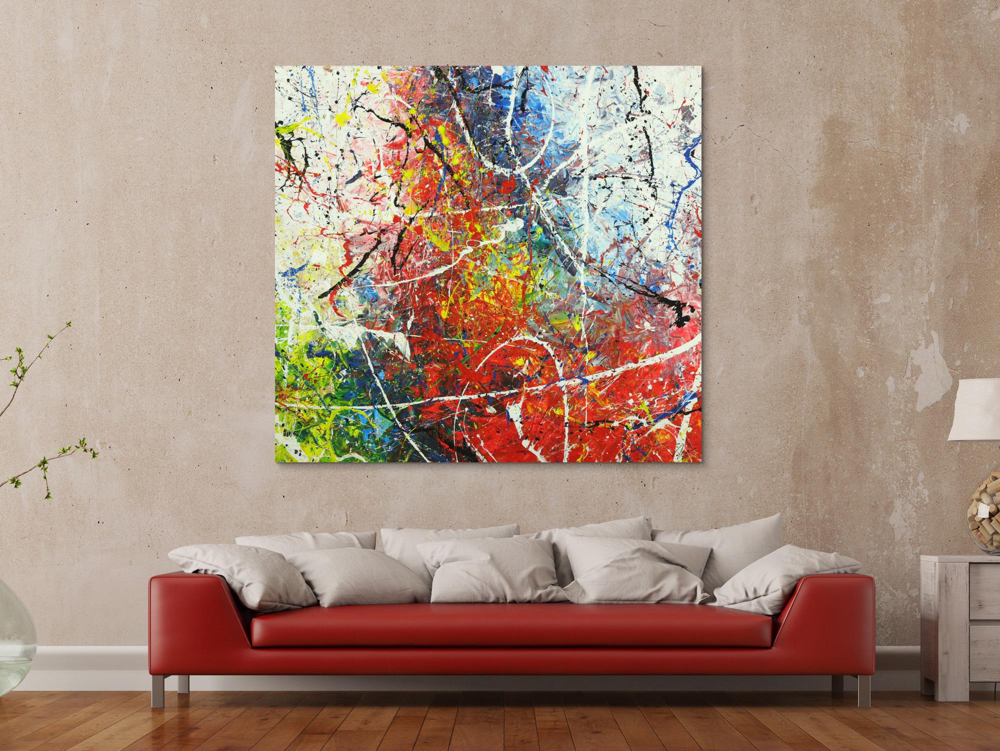Abstraktes Gemälde auf Leinwand handgemalt Action Painting sehr bunt
