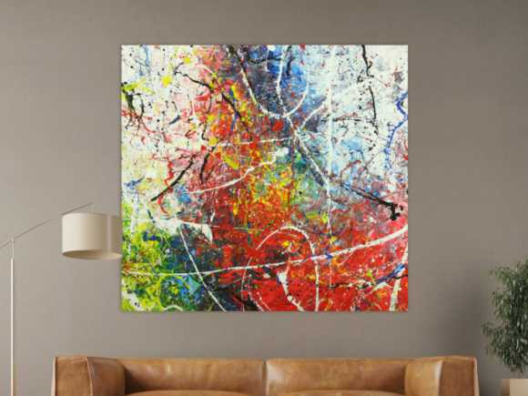 Abstraktes Gemälde auf Leinwand handgemalt Action Painting sehr bunt