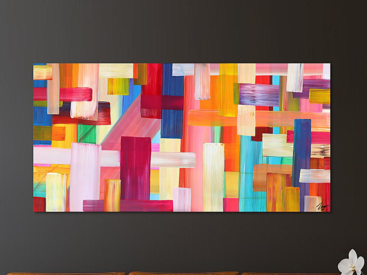 Abstraktes Gemälde bunte Streifen handgemalt Modern Art Leinwand