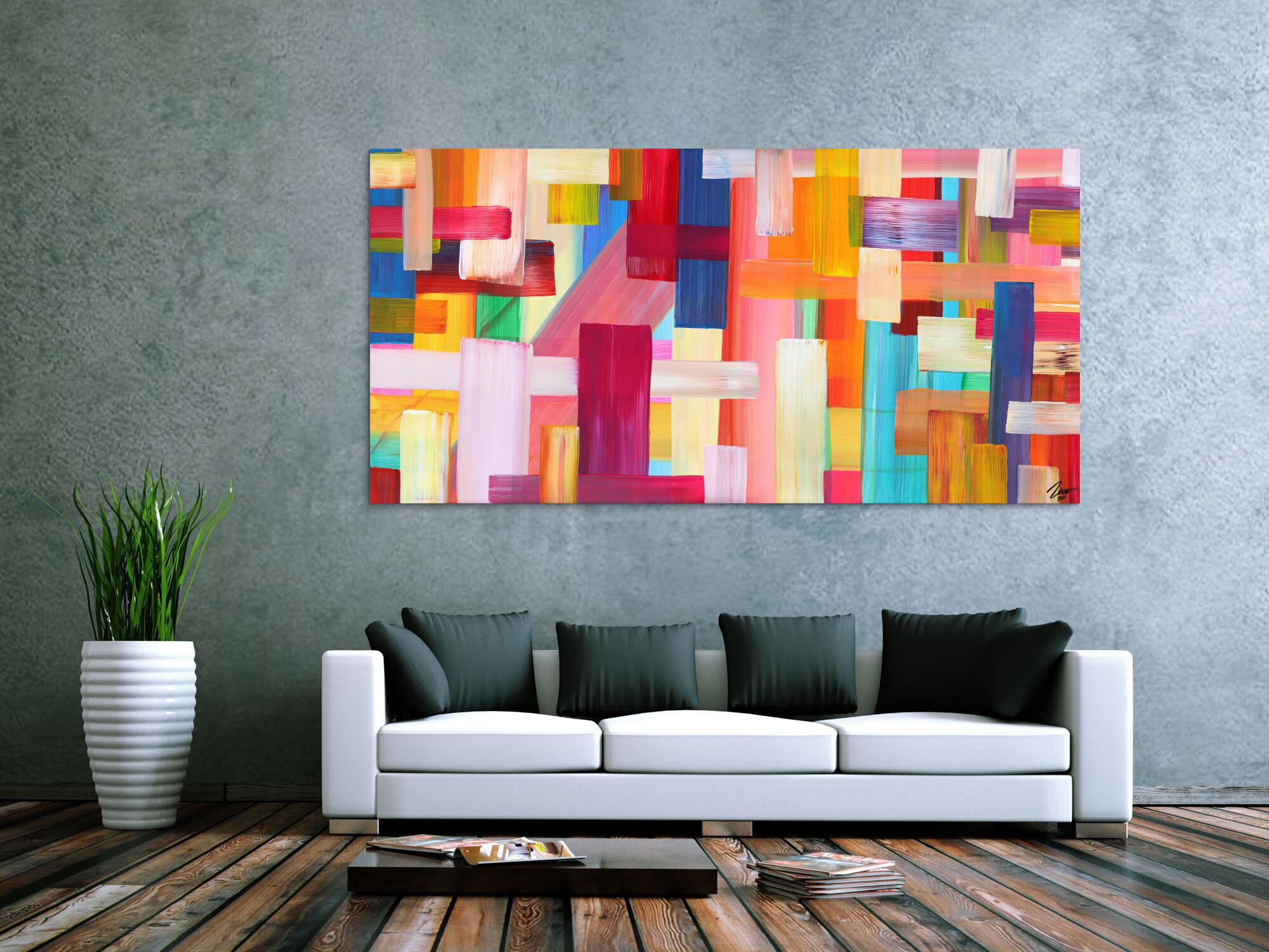 Abstraktes Gemälde bunte Streifen handgemalt Modern Art Leinwand
