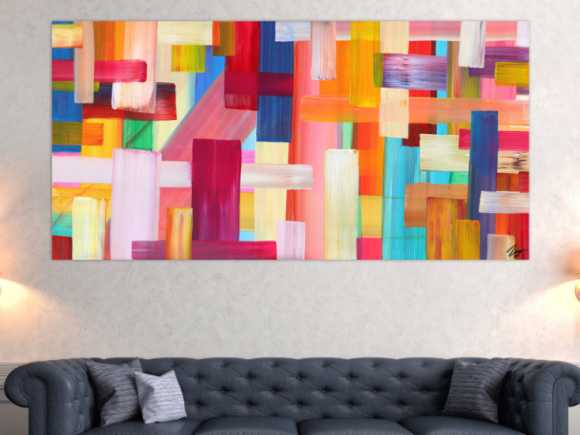 Abstraktes Gemälde bunte Streifen handgemalt Modern Art Leinwand