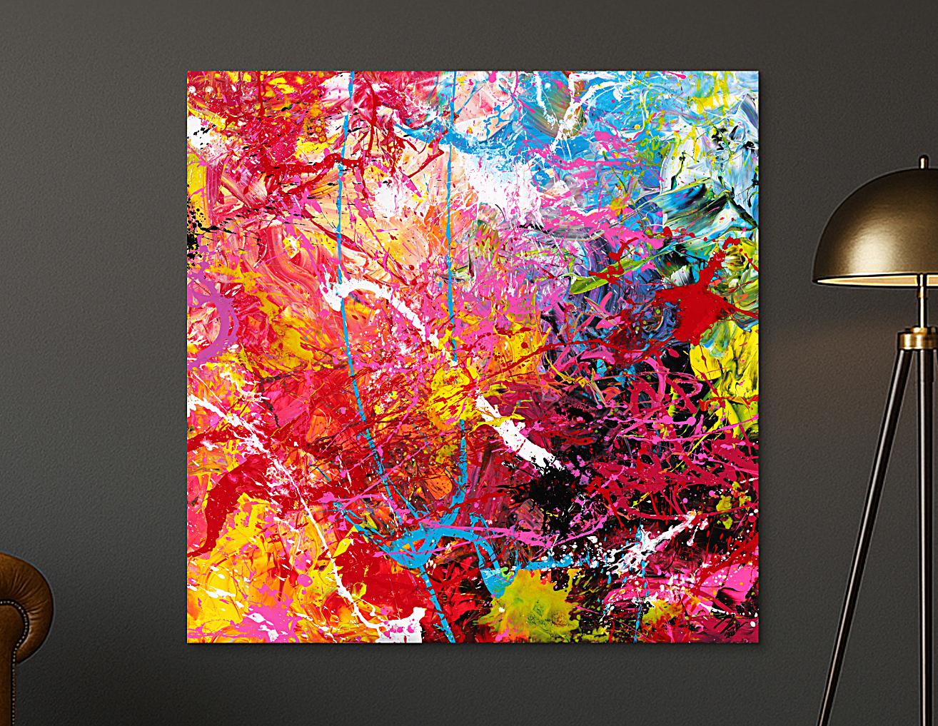 Abstraktes Gemälde auf Leinwand Action Painting sehr bunt Modern Art