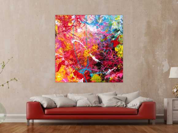 Abstraktes Gemälde auf Leinwand Action Painting sehr bunt Modern Art