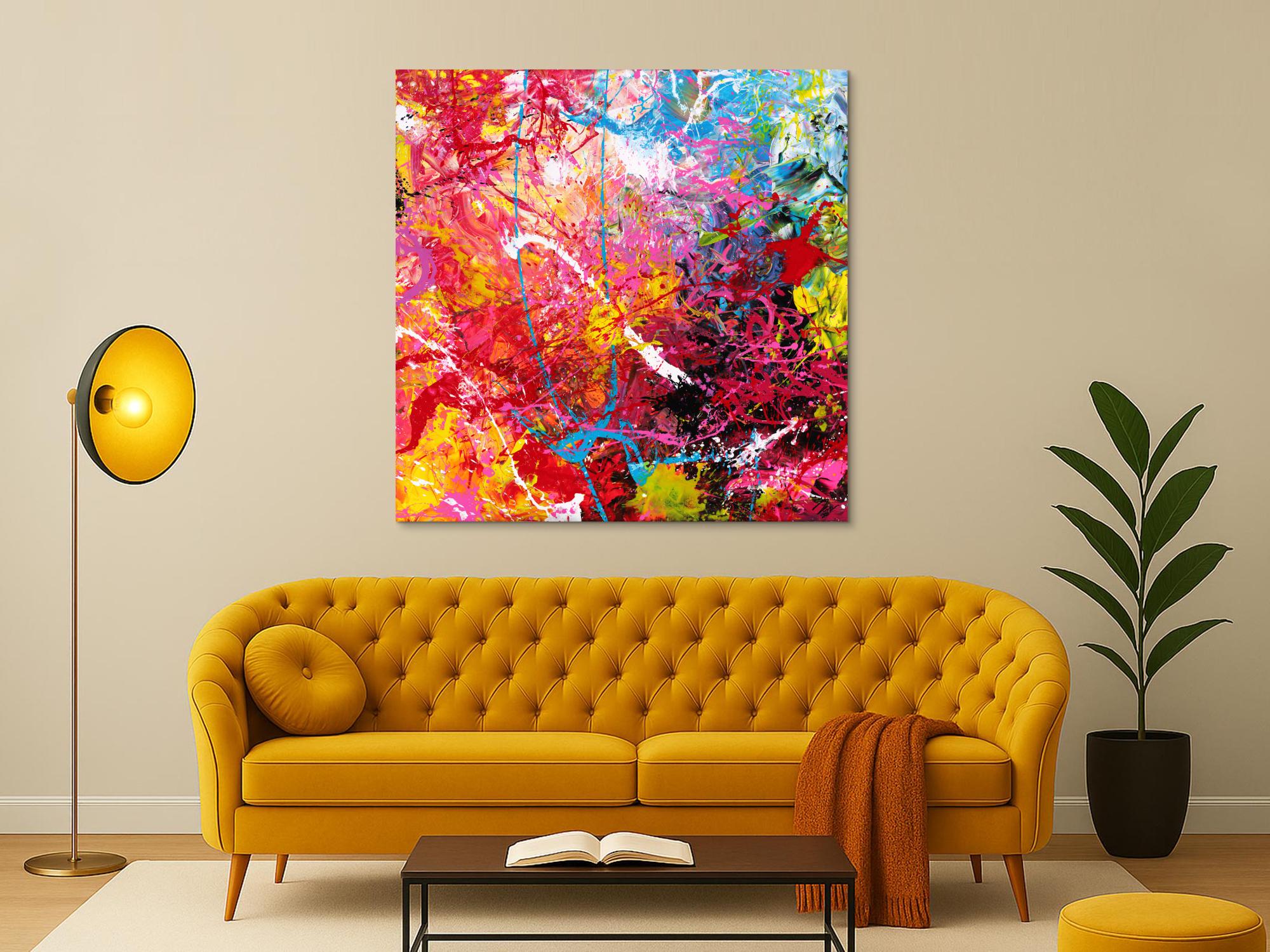 Abstraktes Gemälde auf Leinwand Action Painting sehr bunt Modern Art