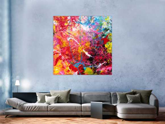 Abstraktes Gemälde auf Leinwand Action Painting sehr bunt Modern Art