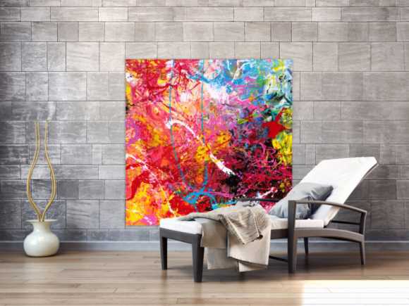 Abstraktes Gemälde auf Leinwand Action Painting sehr bunt Modern Art