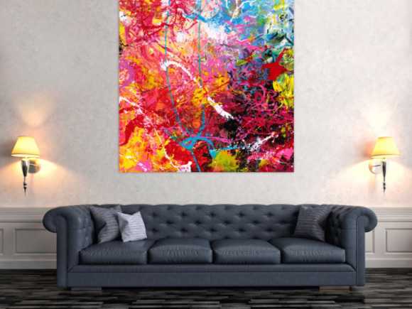 Abstraktes Gemälde auf Leinwand Action Painting sehr bunt Modern Art