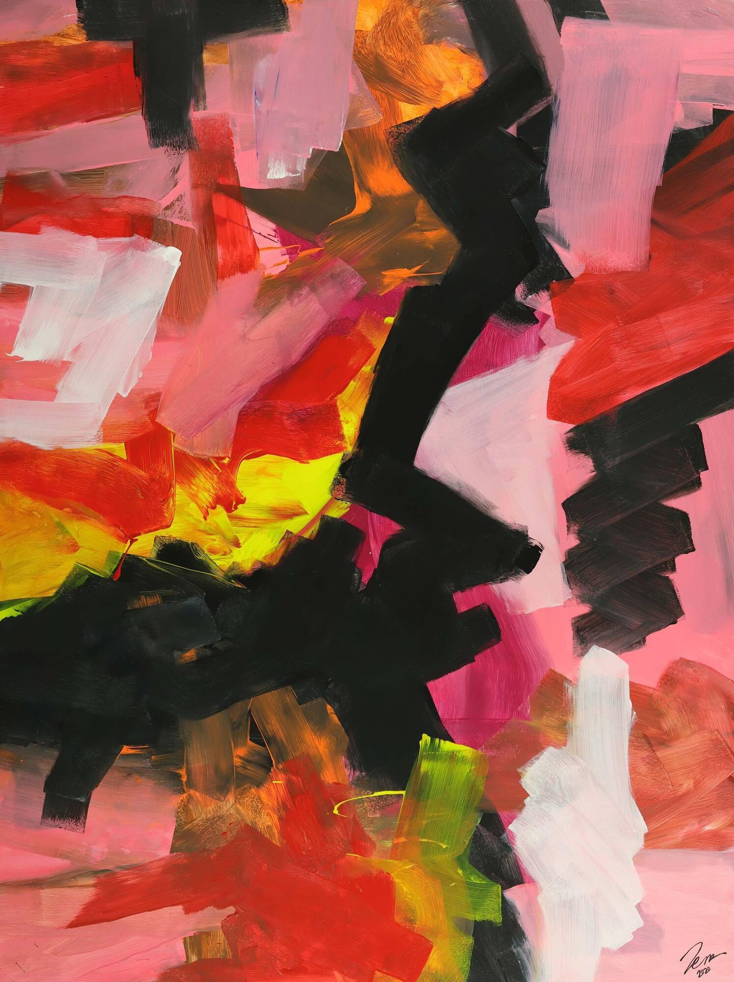 Abstraktes Gemälde handgemalt auf Leinwand Modern Art rosa rot schwarz