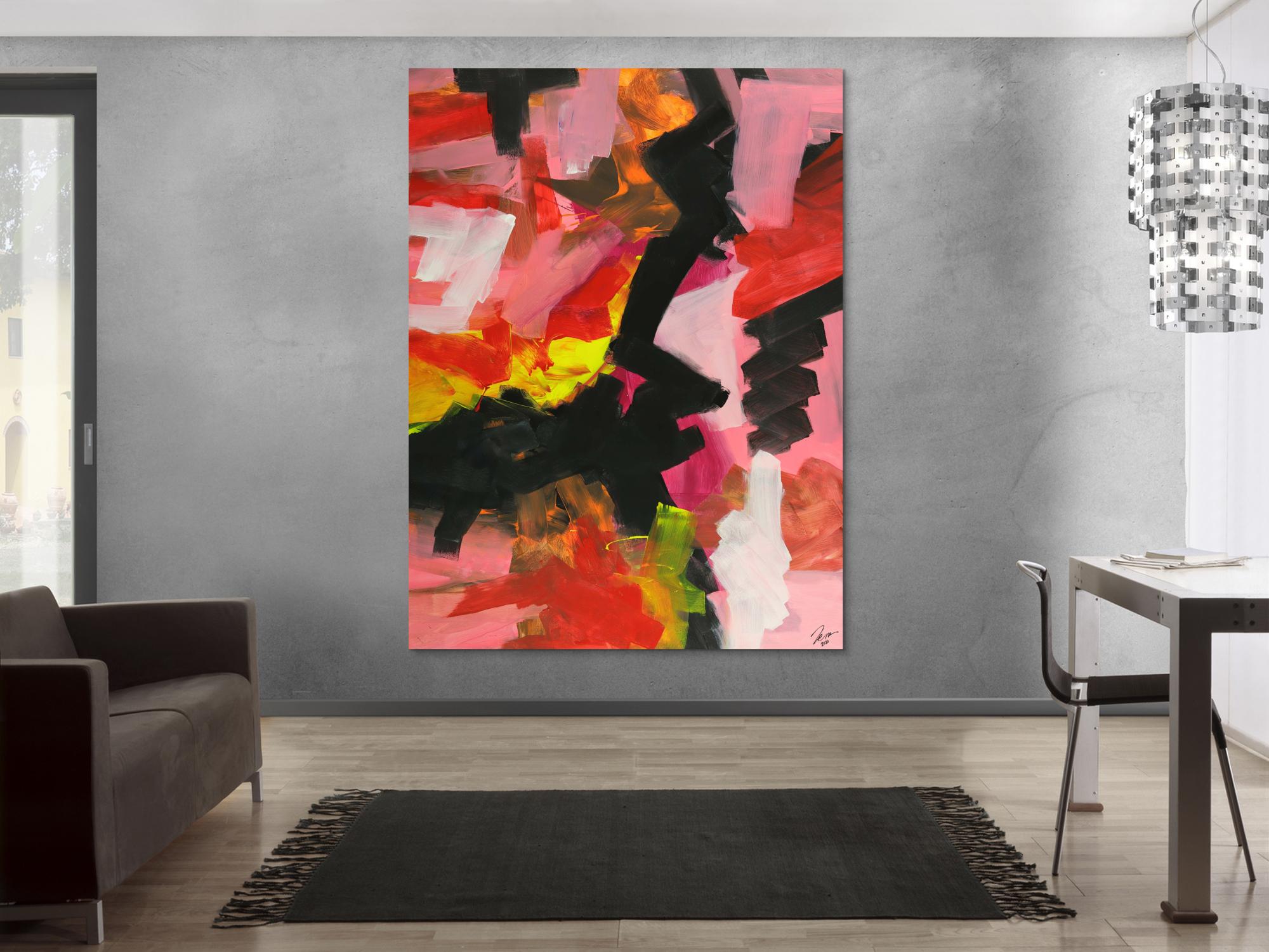 Abstraktes Gemälde handgemalt auf Leinwand Modern Art rosa rot schwarz