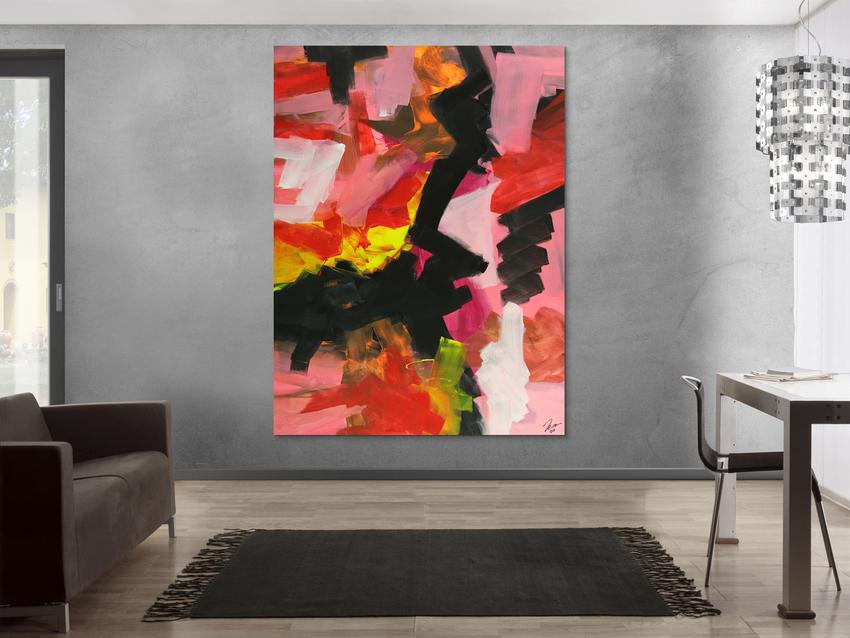 Abstraktes Gemälde handgemalt auf Leinwand Modern Art rosa rot schwarz