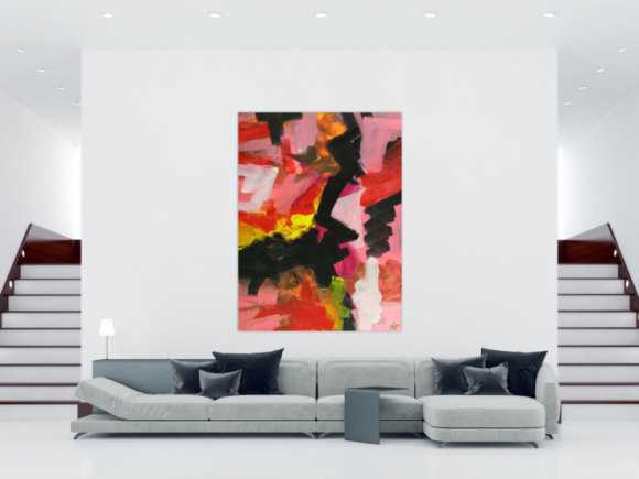 Abstraktes Gemälde handgemalt auf Leinwand Modern Art rosa rot schwarz