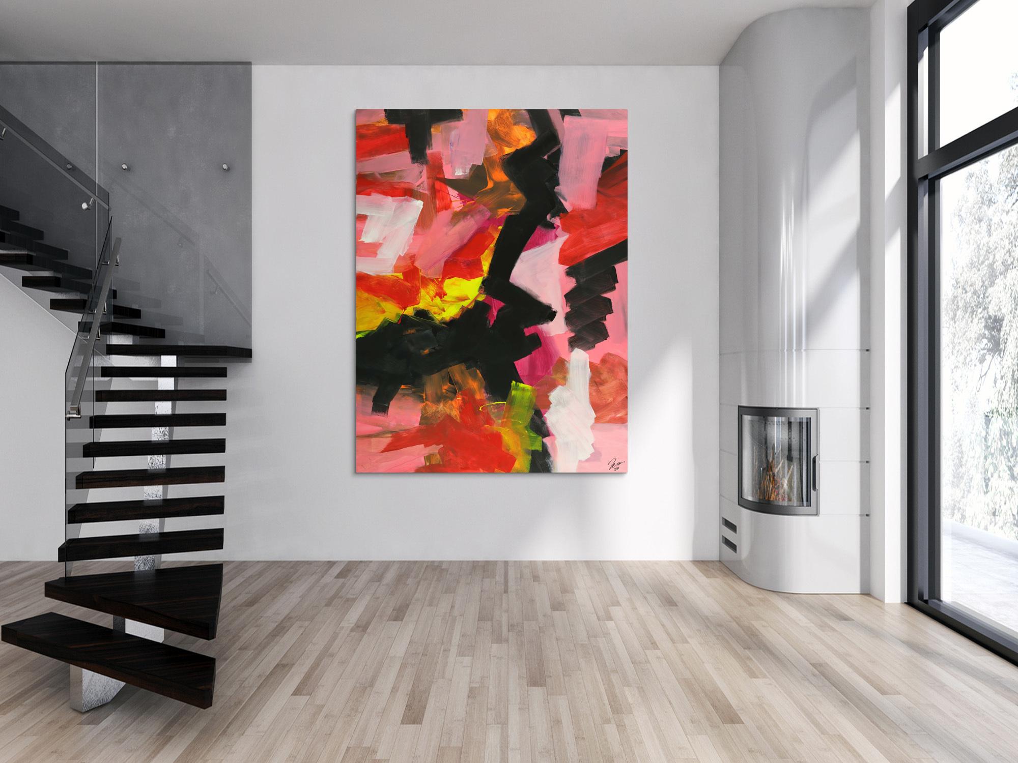 Abstraktes Gemälde handgemalt auf Leinwand Modern Art rosa rot schwarz