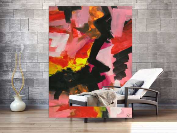 Abstraktes Gemälde handgemalt auf Leinwand Modern Art rosa rot schwarz