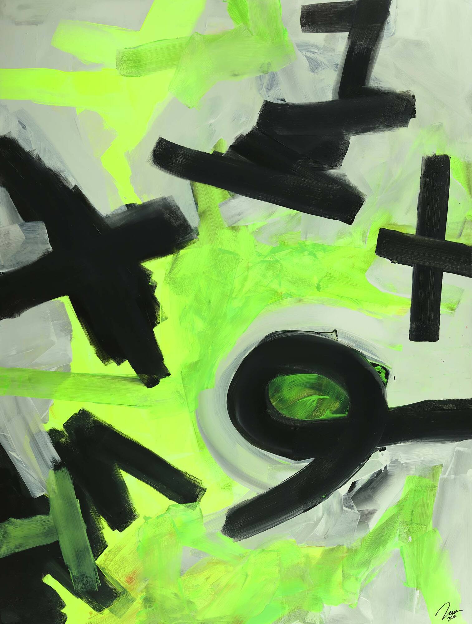 Abstraktes Gemälde Neon Farben Neongrün Neongelb Schwarz Weiß Handgemalt