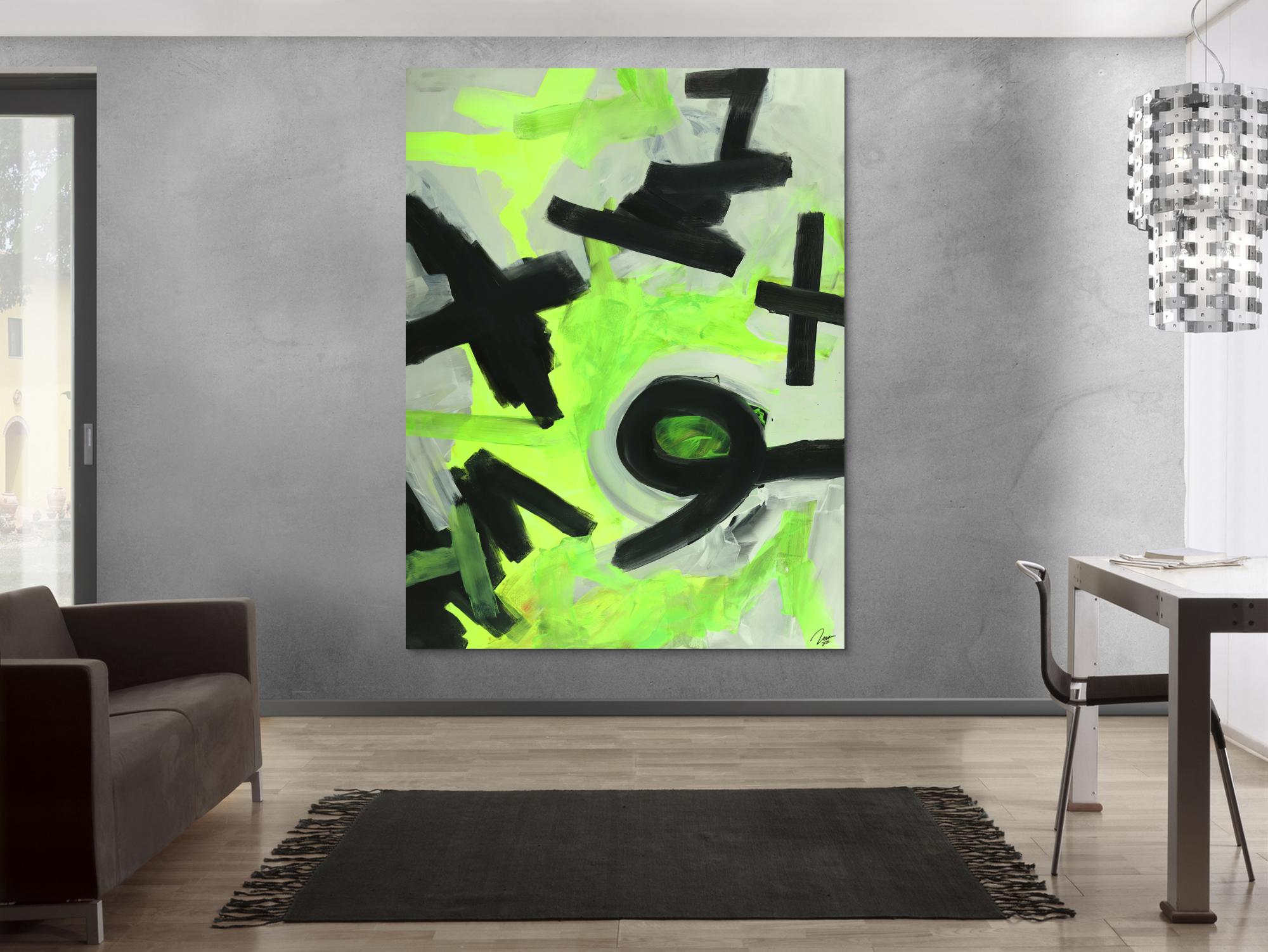 Abstraktes Gemälde Neon Farben Neongrün Neongelb Schwarz Weiß Handgemalt