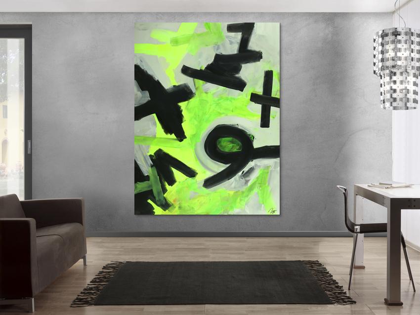 Abstraktes Gemälde Neon Farben Neongrün Neongelb Schwarz Weiß Handgemalt