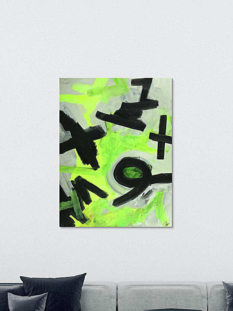 Abstraktes Gemälde Neon Farben Neongrün Neongelb Schwarz Weiß Handgemalt