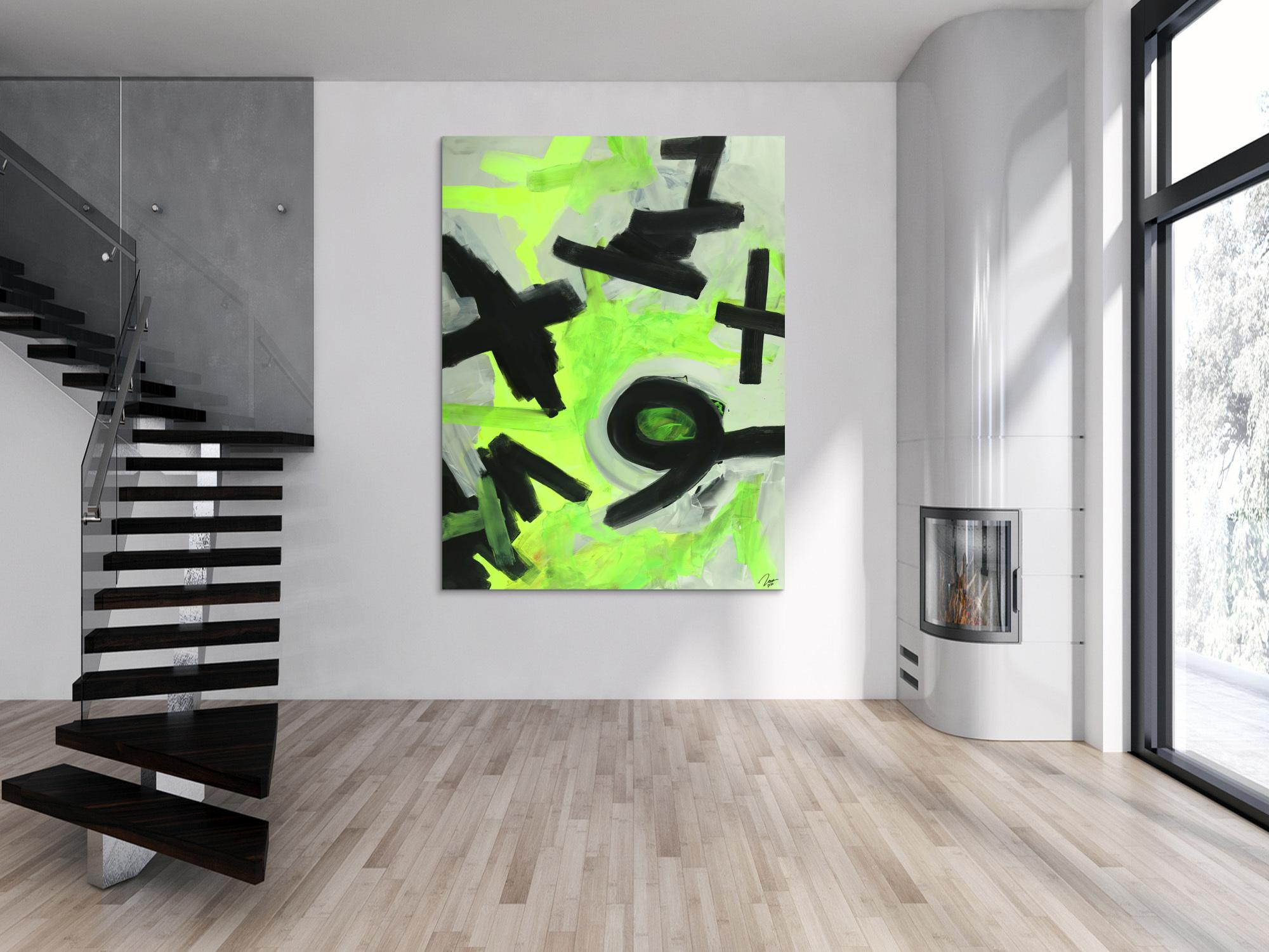 Abstraktes Gemälde Neon Farben Neongrün Neongelb Schwarz Weiß Handgemalt