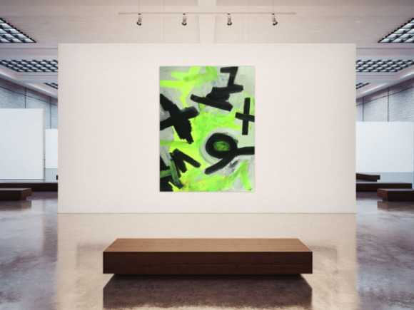 Abstraktes Gemälde Neon Farben Neongrün Neongelb Schwarz Weiß Handgemalt