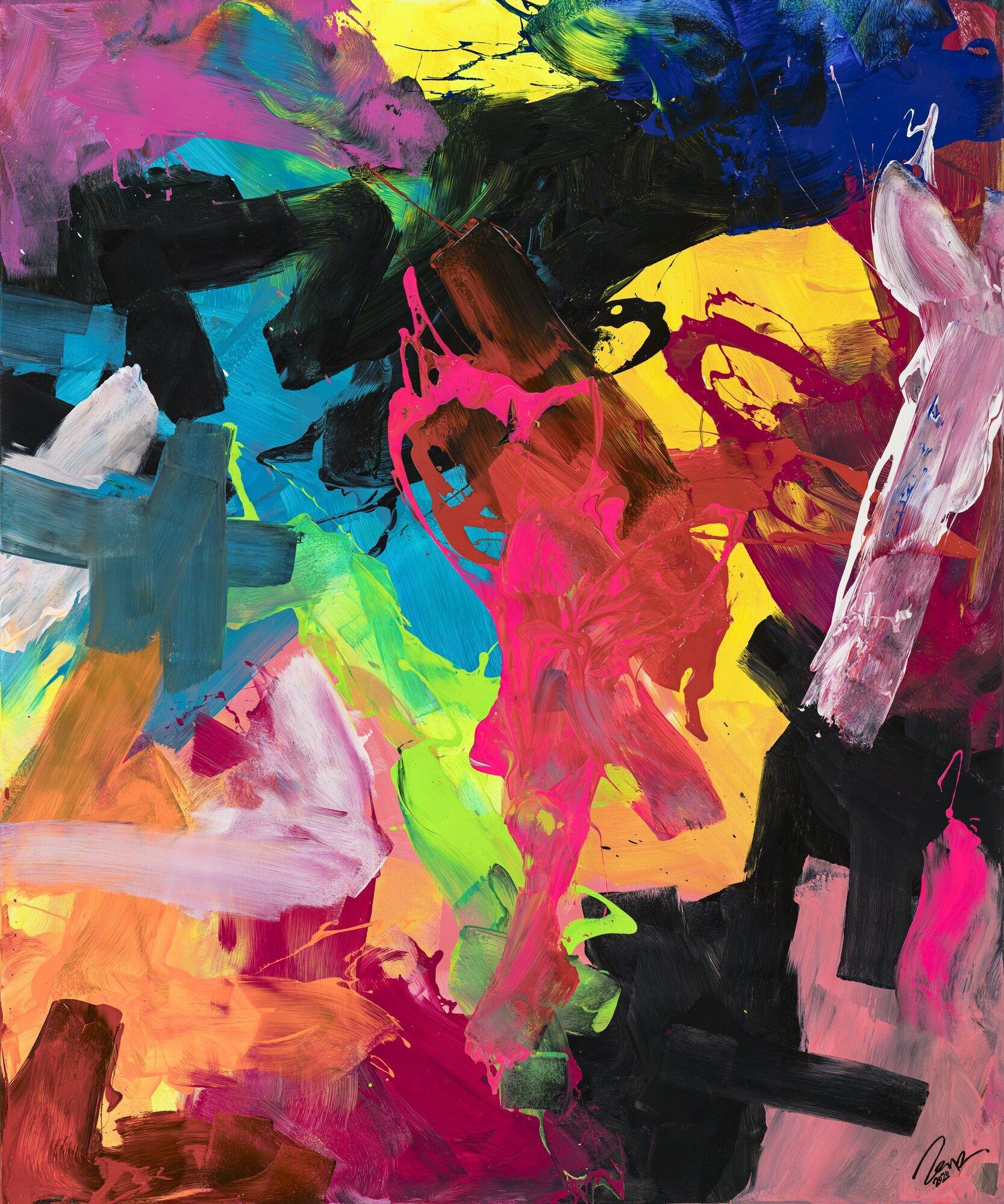 Abstraktes Acrylbild Action Painting sehr bunt Modern Art handgemalt Leinwand Hochformat