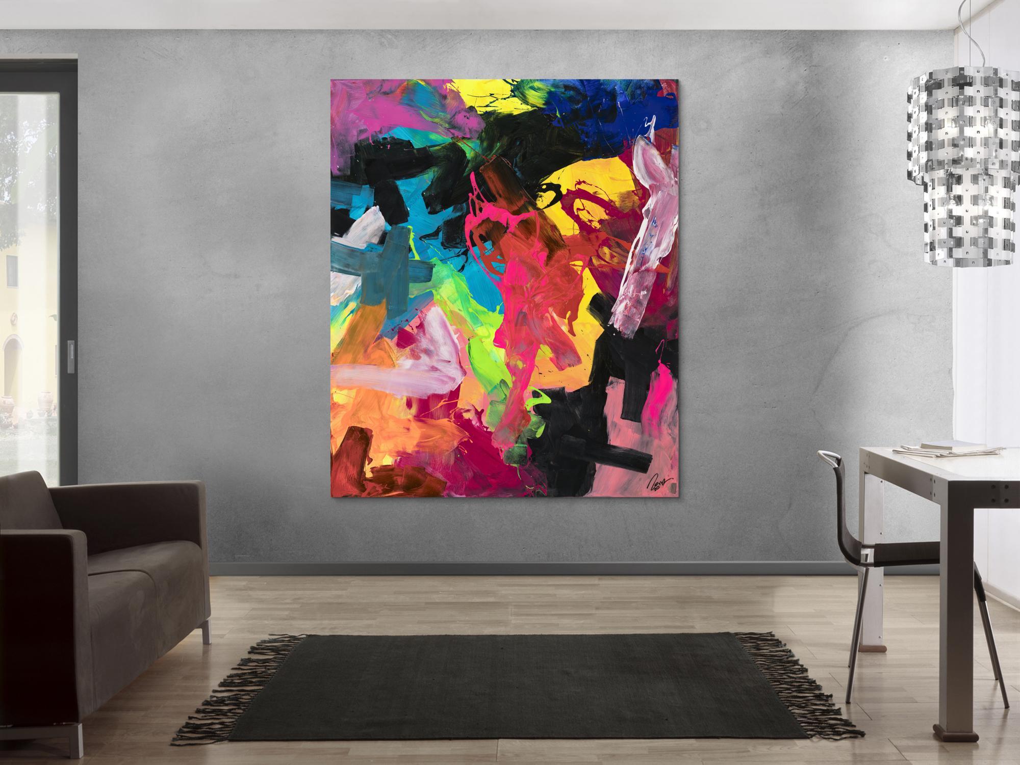 Abstraktes Acrylbild Action Painting sehr bunt Modern Art handgemalt Leinwand Hochformat