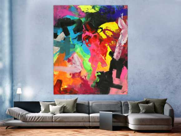 Abstraktes Acrylbild Action Painting sehr bunt Modern Art handgemalt Leinwand Hochformat