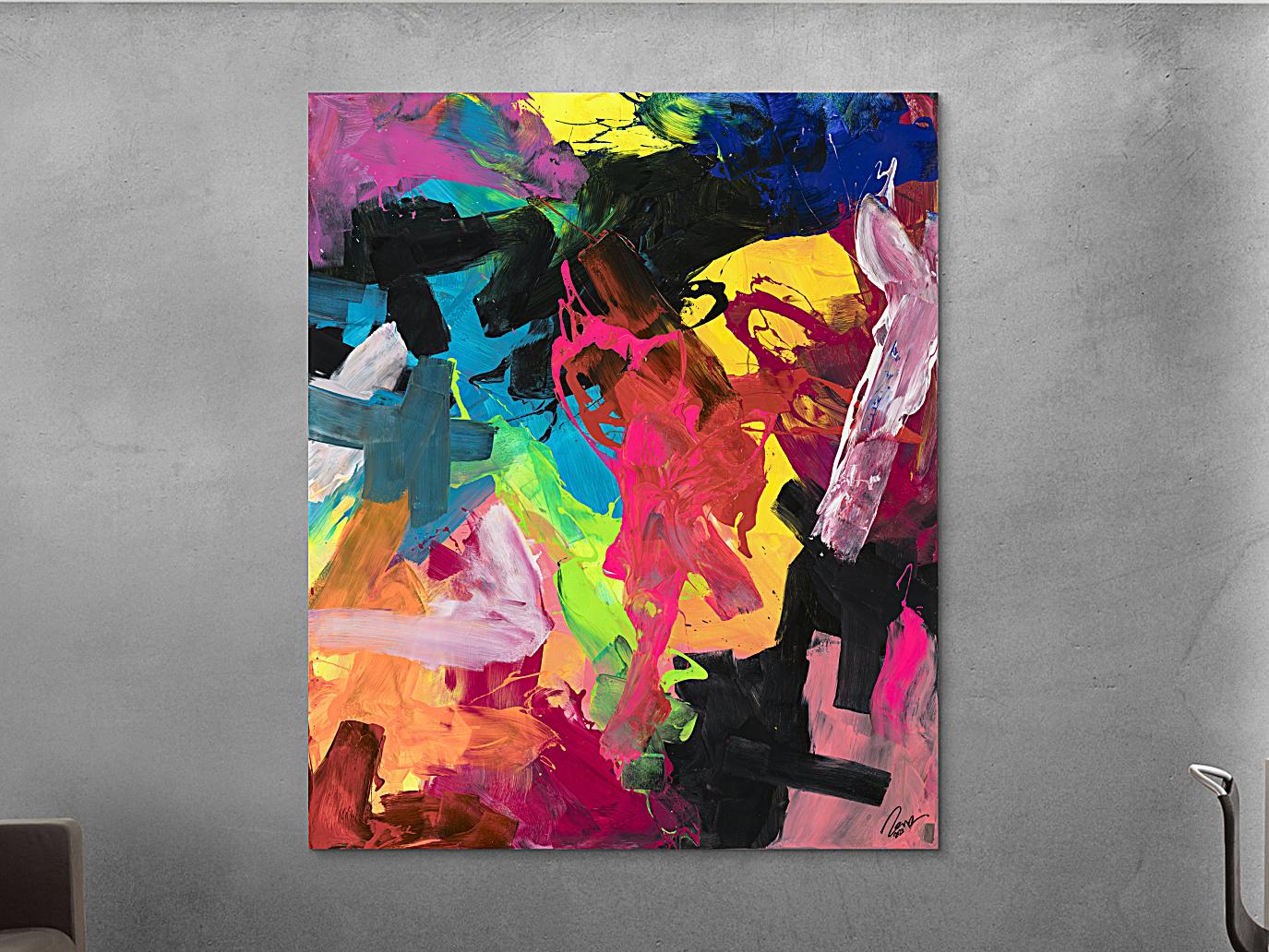 Abstraktes Acrylbild Action Painting sehr bunt Modern Art handgemalt Leinwand Hochformat