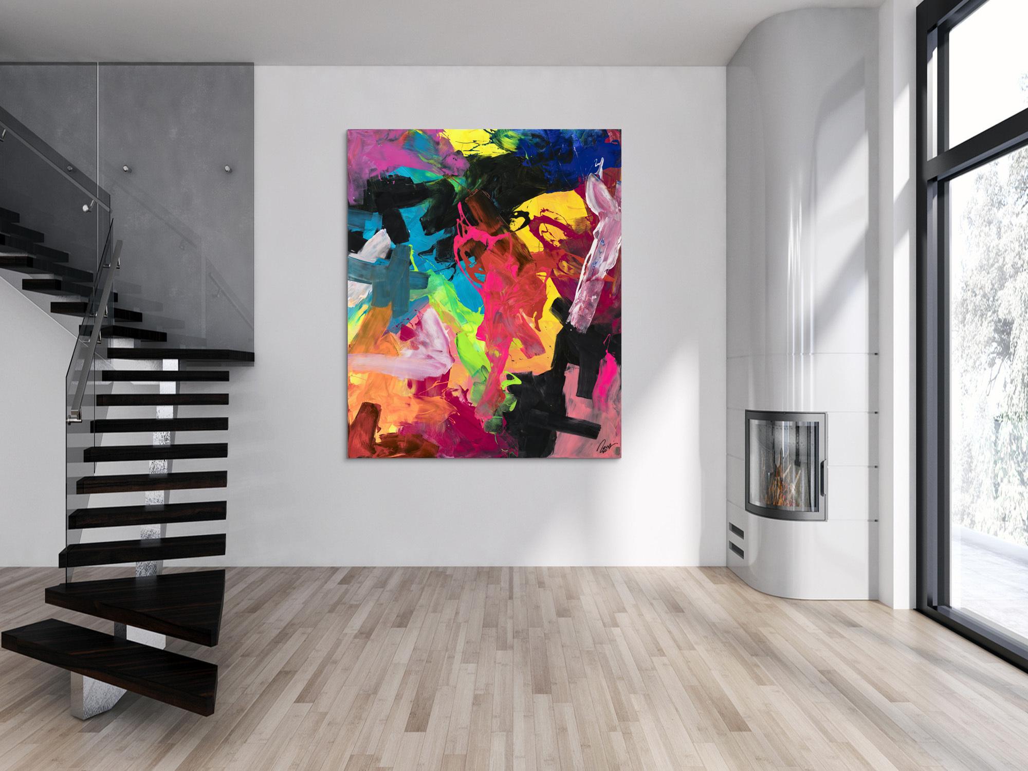 Abstraktes Acrylbild Action Painting sehr bunt Modern Art handgemalt Leinwand Hochformat