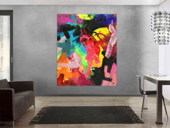 Abstraktes Acrylbild Action Painting sehr bunt Modern Art handgemalt Leinwand Hochformat