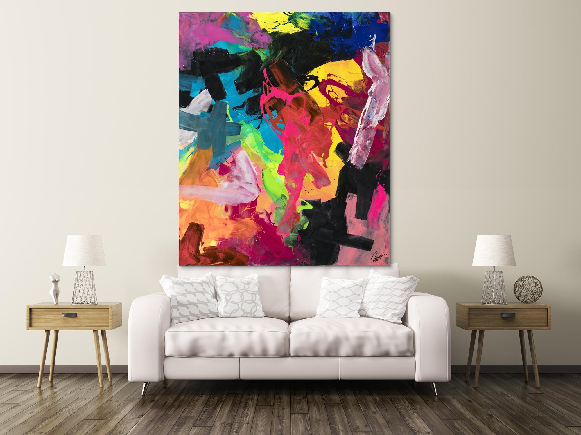 Abstraktes Acrylbild Action Painting sehr bunt Modern Art handgemalt Leinwand Hochformat