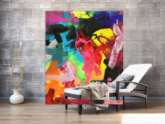 Abstraktes Acrylbild Action Painting sehr bunt Modern Art handgemalt Leinwand Hochformat