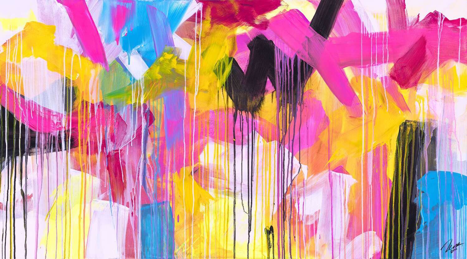 Abstraktes Gemälde auf Leinwand Gemälde Original abstrakt 100x180cm Mischtechnik zeitgenössisch handgefertigt  gelb pink beige Einzelstück in 100x180cm von Alex Zerr